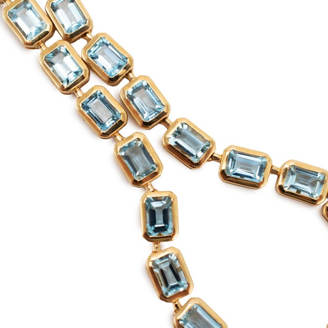 14k Yellow Gold 17.84ctw Bezeled Aquamarine Adjustable Tennis Chain Necklace For Sale - Image 4 of 8
