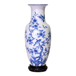 Vintage Japanese Blue & White Floral Mounted Porcelain Wall Pocket Vase With Birds & Flowers For Sale