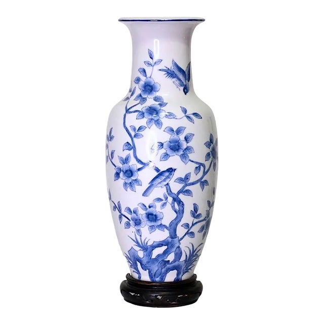 Vintage Japanese Blue & White Floral Mounted Porcelain Wall Pocket Vase With Birds & Flowers For Sale