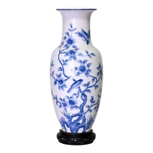 Vintage Japanese Blue & White Floral Mounted Porcelain Wall Pocket Vase With Birds & Flowers