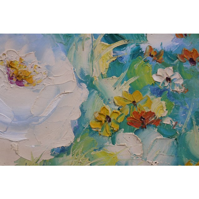 Vintage Impressionist Floral Oil Painting White Roses in Basket Framed 41" For Sale - Image 9 of 10