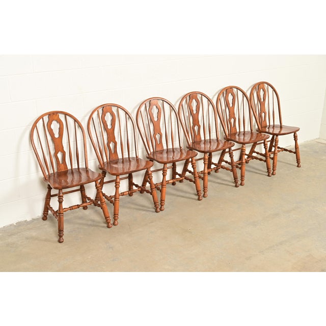 Ethan Allen Style American Colonial Solid Oak Spindle Back Windsor Dining Chairs, Set of Six For Sale - Image 9 of 9