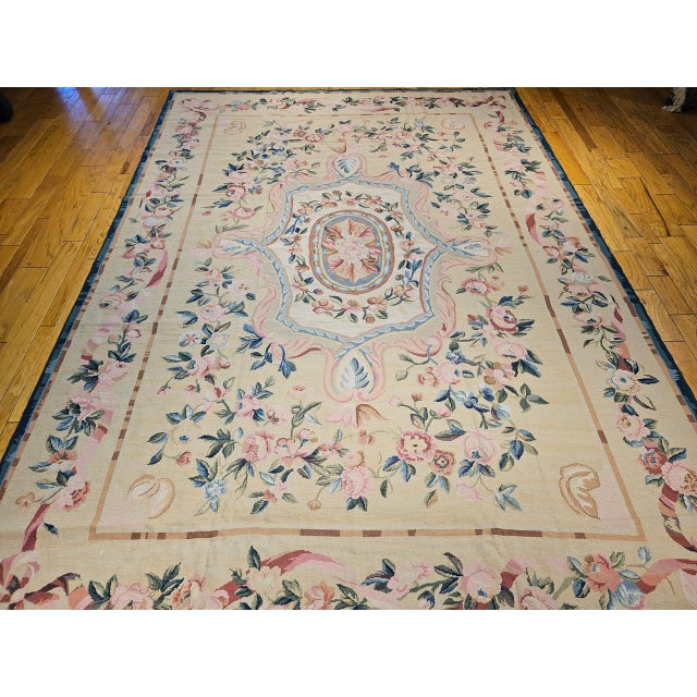 Cream Late 19th Century French Aubusson Needlepoint Carpet in Floral Pattern in Ivory, Green, Pink, Blue For Sale - Image 8 of 18