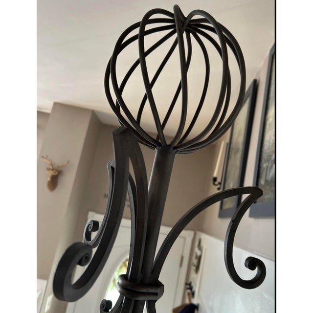 Gray Wrought Iron Coat & Hat Rack Distinctive Spiral Globe Top Tripod Base Brutalist For Sale - Image 8 of 12
