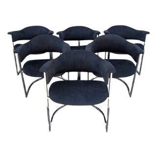 Dining Chairs in Steel and Black Velvet, 1970s, Set of 6 For Sale
