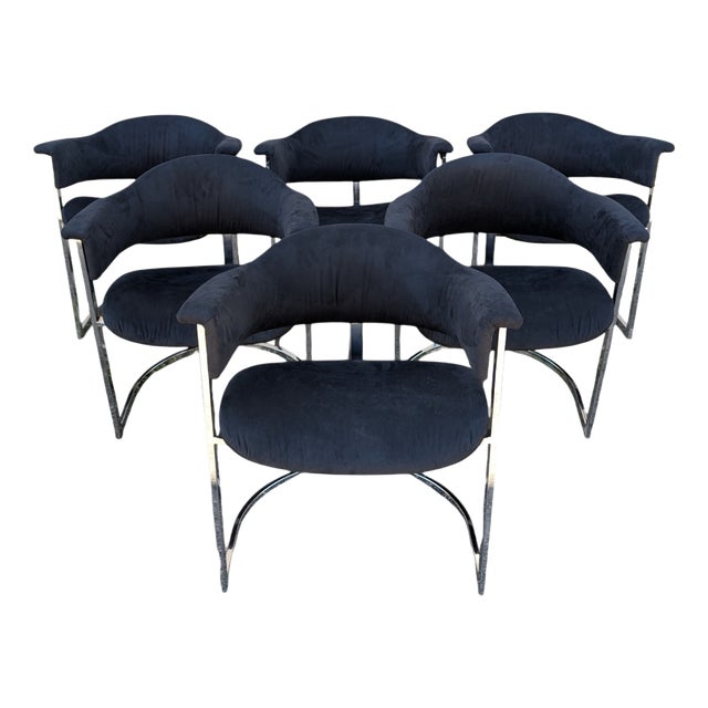 Dining Chairs in Steel and Black Velvet, 1970s, Set of 6 For Sale
