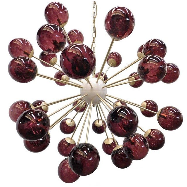 Italian sputnik chandelier with 40 amethyst Murano glass globes carefully hand blown with bubbles inside the glass using...
