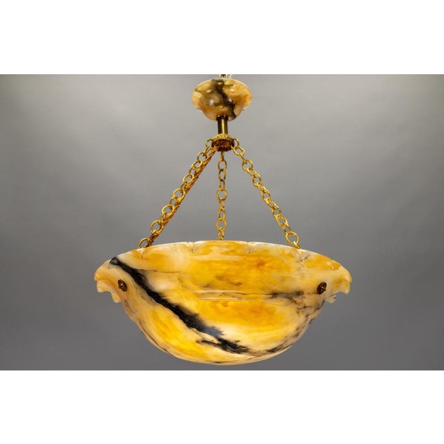 French Art Deco Yellow Alabaster Pendant with Dark Veining & Brass, 1920s For Sale - Image 16 of 18