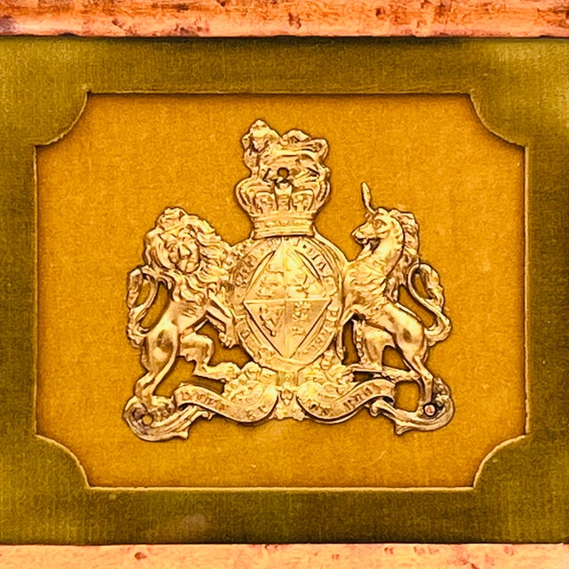 English Vintage Framed English Brass Royal Coat of Arms in Burlwood Frame With Green Velvet Mat For Sale - Image 3 of 16