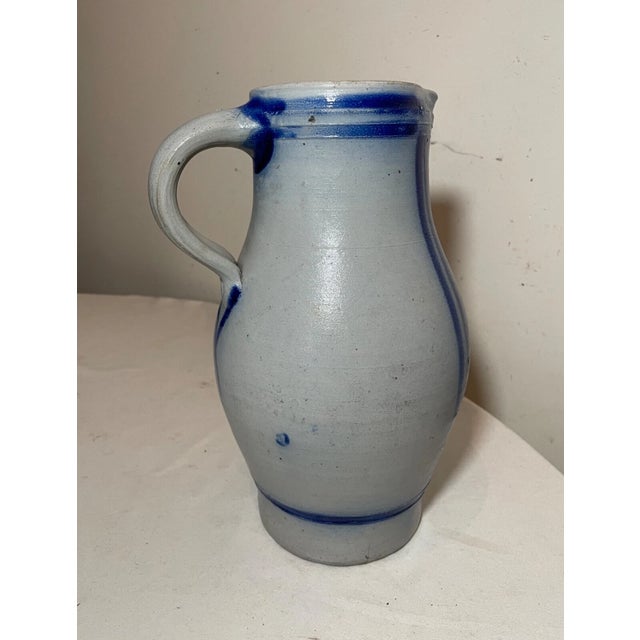 Ceramic Antique 1800's Handmade Stoneware Salt Glazed Pitcher Pottery Jug Vase Handle For Sale - Image 7 of 8
