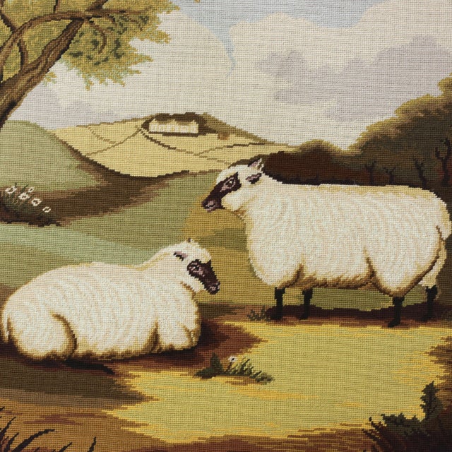 Farmhouse Vintage Sheep in Landscape Needlework – Pastoral Farm Scene Textile Art With Black-Faced Ewes For Sale - Image 3 of 10