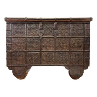 Vintage Indian Carved Wood Dowry Trunk Wedding Trunk For Sale