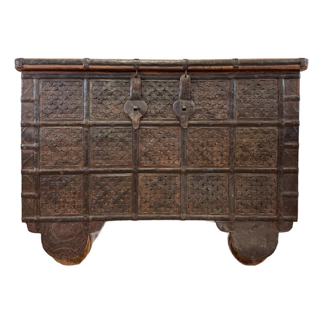 Vintage Indian Carved Wood Dowry Trunk Wedding Trunk For Sale