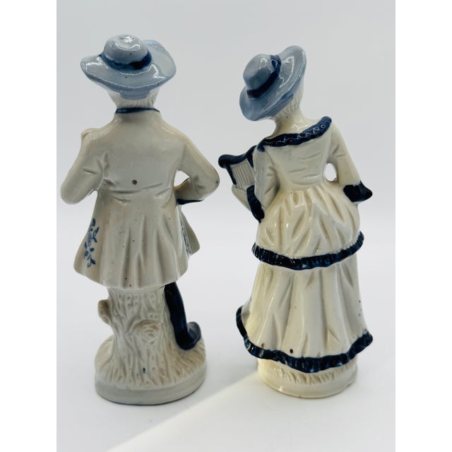 Vintage 8" Blue and White Porclain Musician Figurines With Gold Trim For Sale - Image 15 of 15