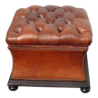 Vintage French Country Brown Leather Tufted Ottoman W Storage Compartment For Sale