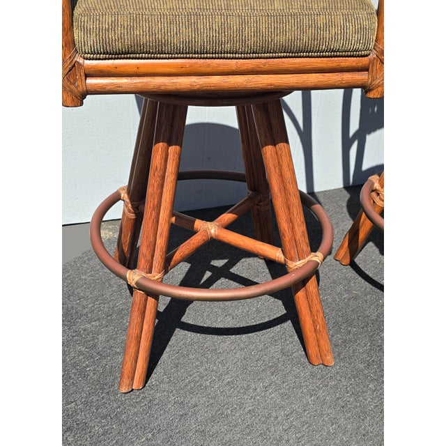 Pair of Vintage McGuire Bamboo Woven Leather Swivel Bar Stools Barstool For Sale - Image 12 of 15