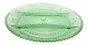 Tiara Indiana Sandwich Glass Green 3 Part Divided Large Relish Dish Tray