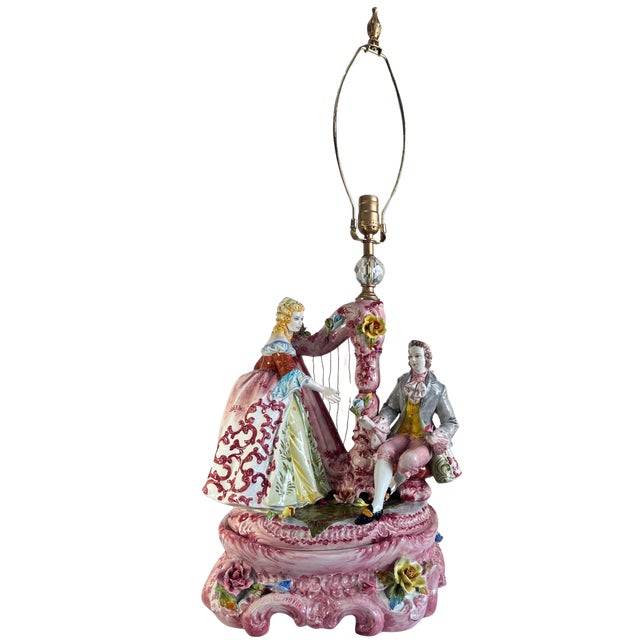 Large Mid-Century D. Poloniato Capodimonte Porcelain Table Lamp Courting Couple Harp For Sale - Image 9 of 18
