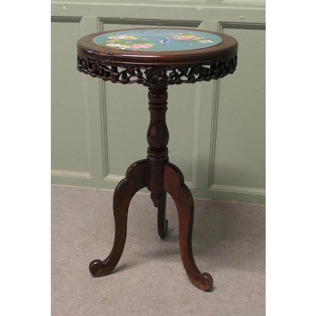 Ornate Chinoiserie Cloisonné Wine Table, Birds and Flowers This lovely table stands on a three footed base and has a...
