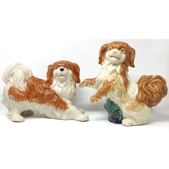 Vintage Staffordshire Style Lifesize Majolica Cavalier King Spaniel Ceramic Dog Figurines - Set of 2 For Sale - Image 10 of 10