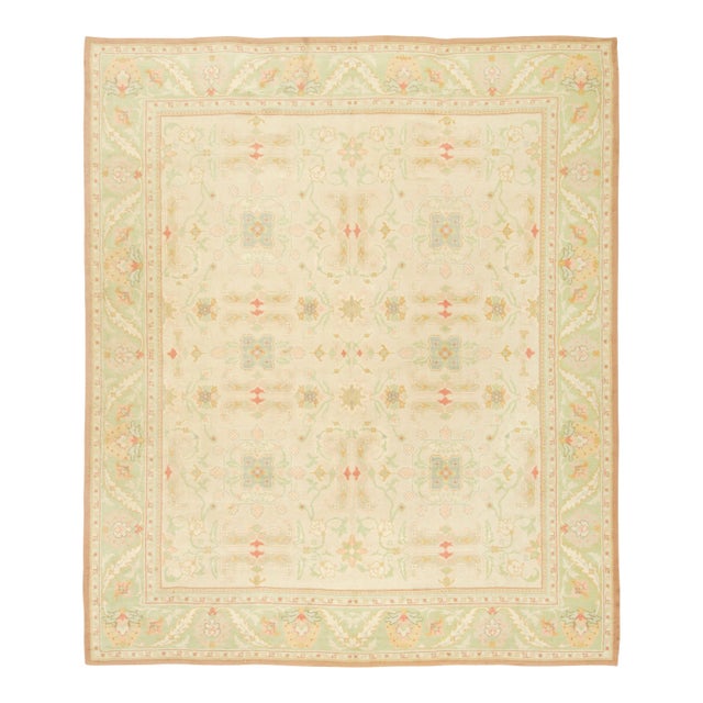 Oversized Vintage Oushak Rug in Beige & Green Floral Design - Rug & Kilim For Sale