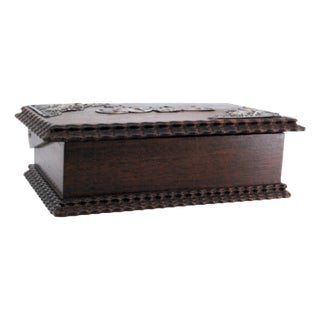 Wooden Jewelry Box with Silver Applications on the Lid and the Words Jewels. For Sale