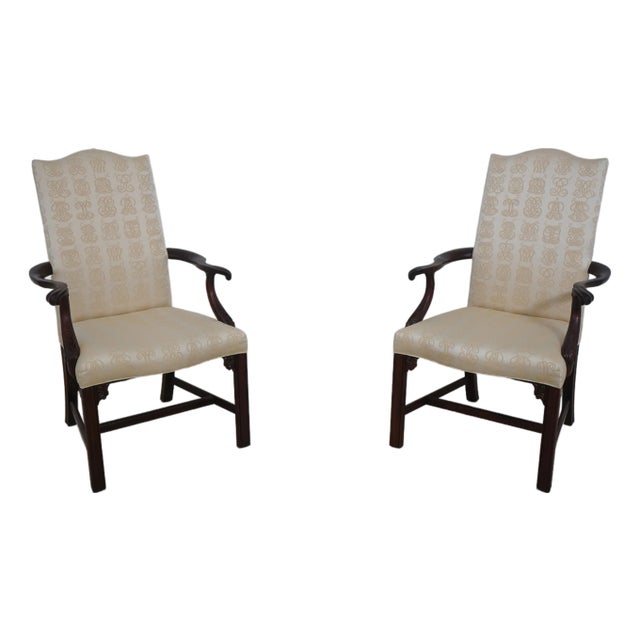 Pair of Henkel Harris Mahogany Upholstered High Back Host Armchairs For Sale