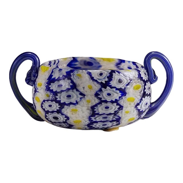 Antique Millefiori Bowl in Blue, Yellow and White, Fratelli Toso Murano 1910 For Sale