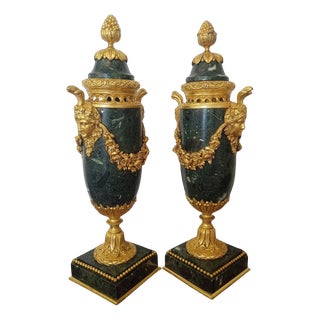 19th Century Louis XVI Style Green Marble and Gilt Bronze Cassolettes, Set of 2 For Sale