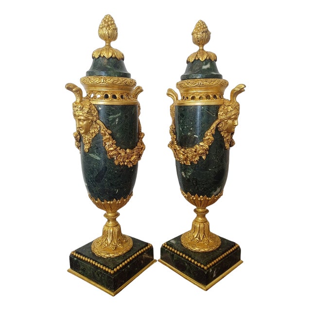 19th Century Louis XVI Style Green Marble and Gilt Bronze Cassolettes, Set of 2 For Sale