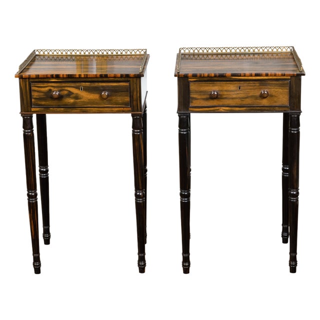 Pair of English Regency Period 19th Century Zebra Wood Tables with Brass Gallery For Sale
