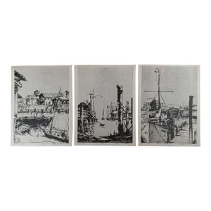 Vintage Sally Gee Pettus Texas Gulf Coast Harbor Lithographs - Set of 3