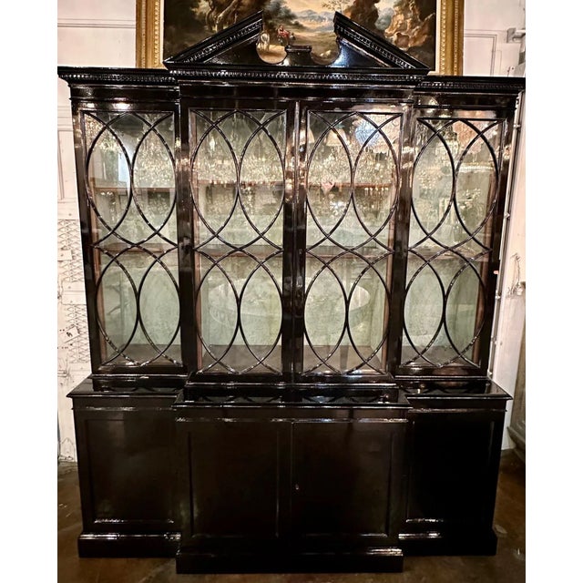 English Mahogany Black Lacquered Breakfront Display Cabinet | Chairish