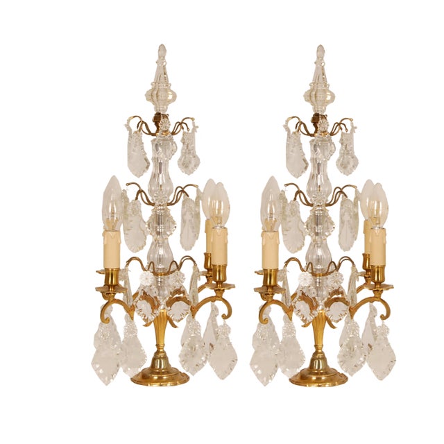Victorian French Gilt Table Lamps with 4 Lights & Clear Crystal Prism Pendants, Set of 2 For Sale
