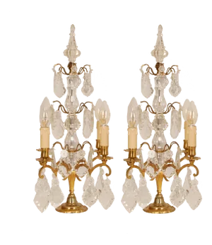 Victorian French Gilt Table Lamps with 4 Lights & Clear Crystal Prism Pendants, Set of 2