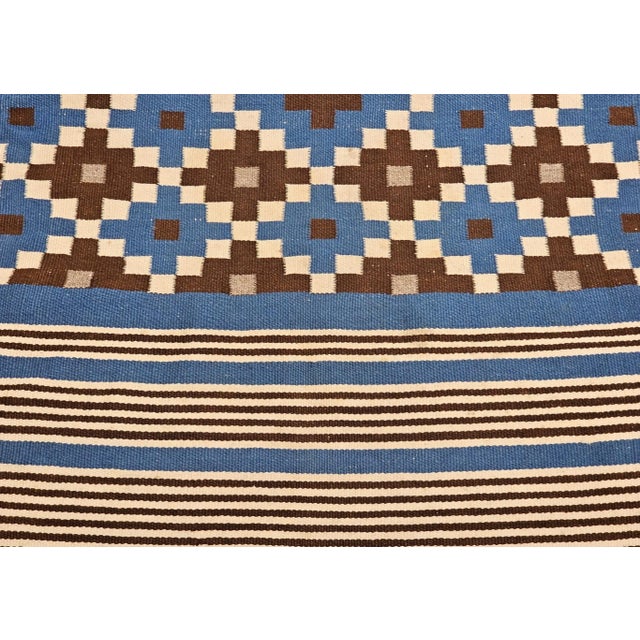 Antique Mexican Saltillo Serape Flat-Woven Kilim Blanket With Royal Blue, Ivory, Brown For Sale - Image 9 of 12