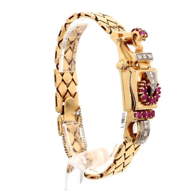 Mid 20th Century Mercedes Signed 14k Gold Ruby & Diamond Art Deco Hidden Watch Bracelet For Sale - Image 11 of 14