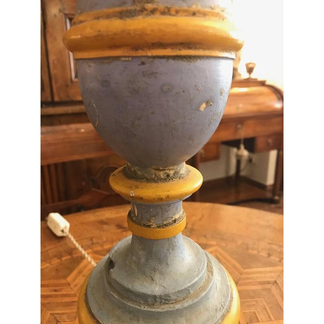 Italian neoclassical table lamp base from Tuscany, an antique circular spool candle holder made of pine wood painted azure...