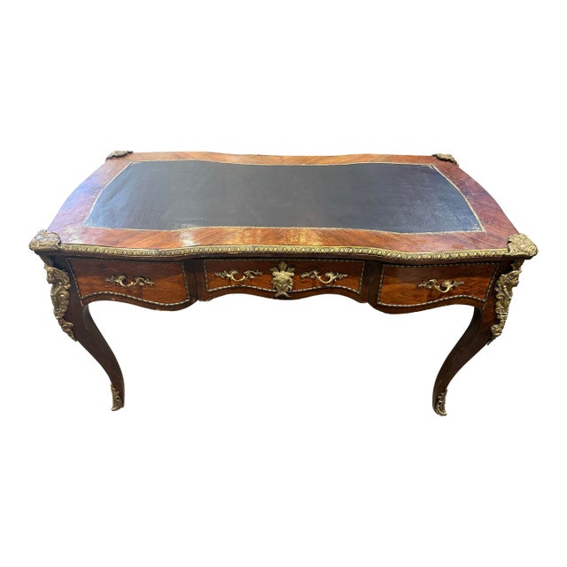 Mid 20th Century Leather Top 3 Drawer Wood and Ormalu Trim Desk For Sale