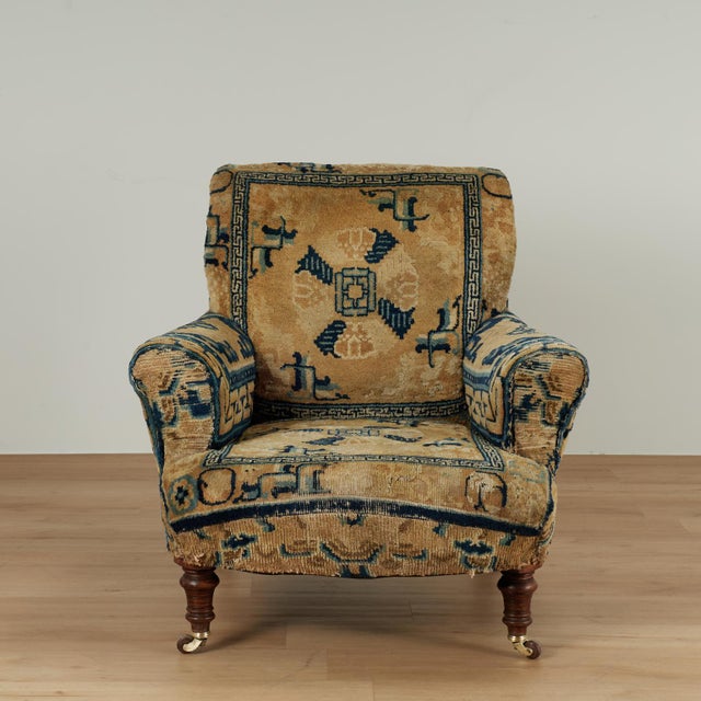 Late 19th Century Antique English Victorian Armchair Upholstered in a Chinese Rug For Sale - Image 5 of 14