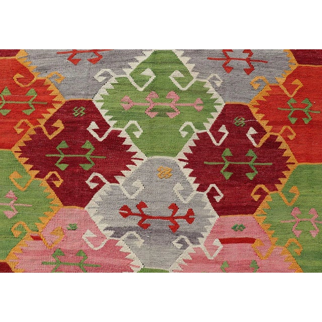 Textile Mid 20th Century Vintage Turkish Kilim With Bright & Colorful Geometric Diamond Design For Sale - Image 7 of 12