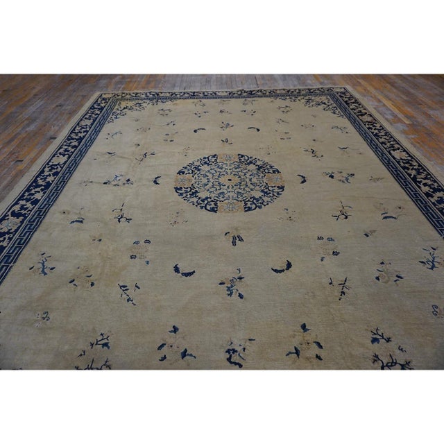Beige 1920s Beige Field Classic Greek Key Antique Chinese Peking Room Size Knotted Rug For Sale - Image 8 of 10