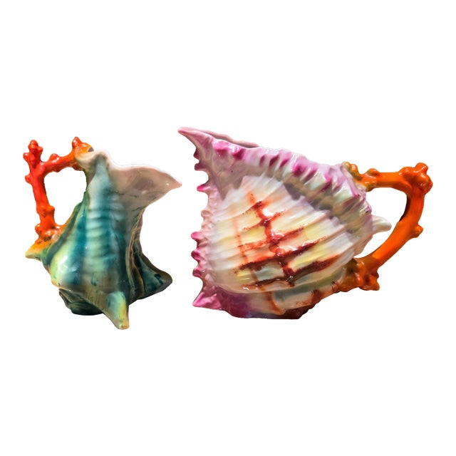 2 Royal Bayreuth Figural Spiky Shell /Milk / Creamer / Conch Shell Creamers or Pitchers Unmarked With Coral Handle / Unmarked Dates From Early 1900s For Sale