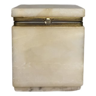 Vintage White Stone Alabaster Trinket Box With Brass Shell Clasp, Jewelry Box, Square Stone Hinged Casket, Hollywood Regency Vanity Decor For Sale
