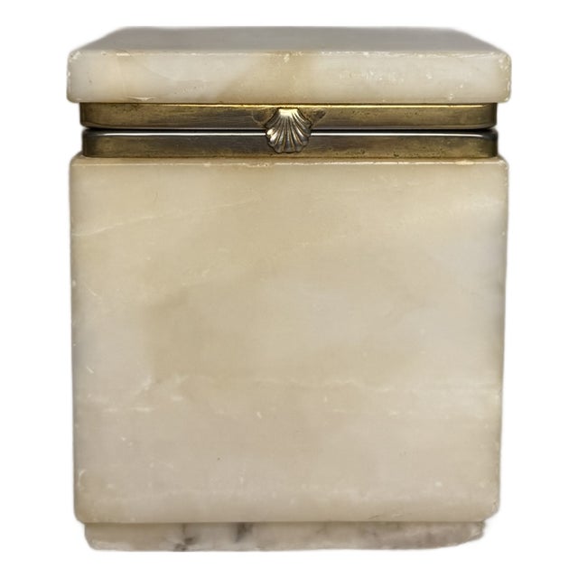 Vintage White Stone Alabaster Trinket Box With Brass Shell Clasp, Jewelry Box, Square Stone Hinged Casket, Hollywood Regency Vanity Decor For Sale