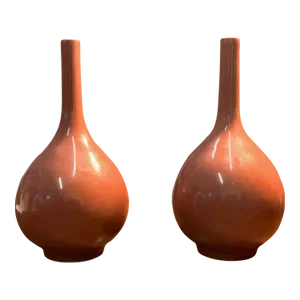 1970s Vintage Chinese Peach Blossom-Glazed Bottle Vases- a Pair