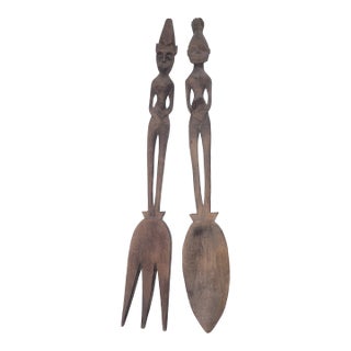 African Carved Spoon and Fork Decor - Set of 2 For Sale