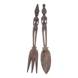 African Carved Spoon and Fork Decor - Set of 2