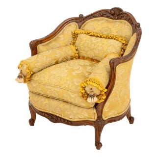 Louis XV Yellow Silk Damask Upholstered Walnut Bergere For Sale