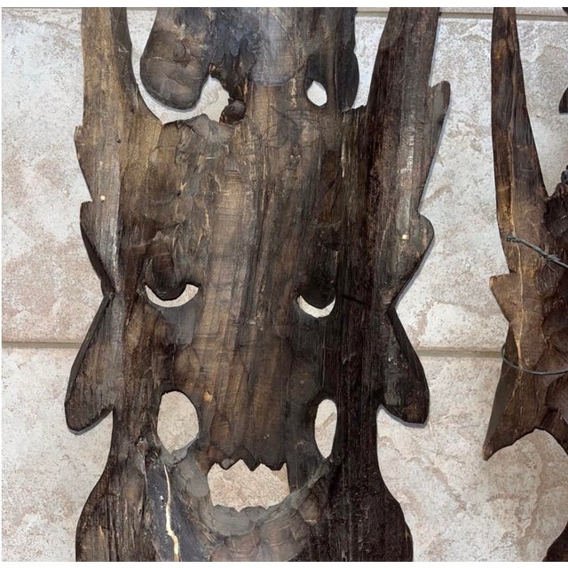 Vintage or Antique Hand-Carved Asian Wooden Guardian or Demon Masks, Often Featuring Stacked or Multi-Tiered Faces With Fierce For Sale - Image 11 of 14
